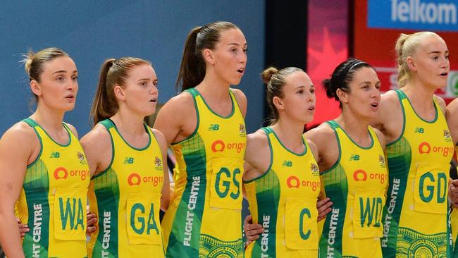 CAPE TOWN, SOUTH AFRICA - AUGUST 06: Australia singing the national anthem during the Netball World Cup 2023, final match between England and Australia at Cape Town International Convention Centre, Court 1 on August 06, 2023 in Cape Town, South Africa. (Photo by Grant Pitcher/Gallo Images/Netball World Cup 2023)