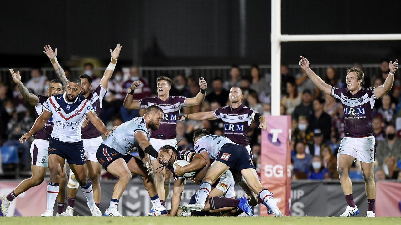 Manly players appeal for yet another penalty after Martin Taupau is tackled. Picture: Matt Roberts/Getty Images