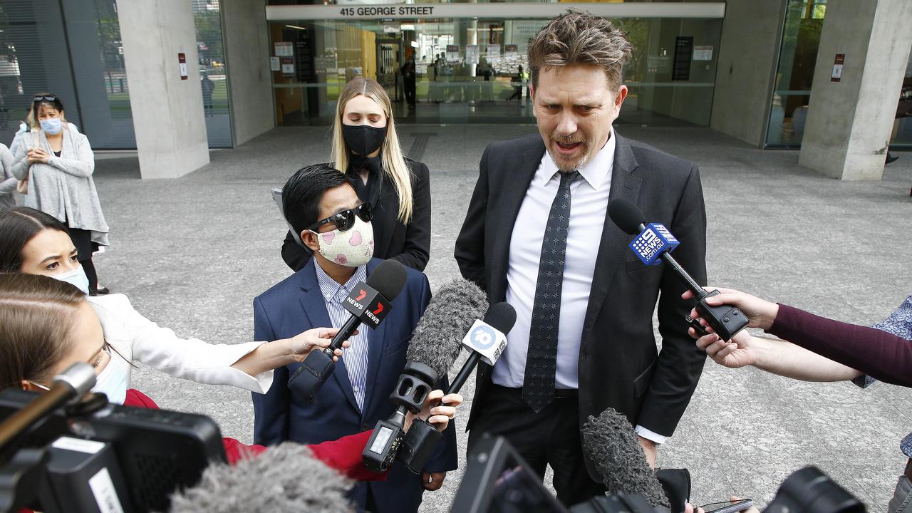 My Ut Trinh (left) and her Nick Dore lawyer address the media outside court after the charges were dropped. Picture: NCA NewsWire/Tertius Pickard