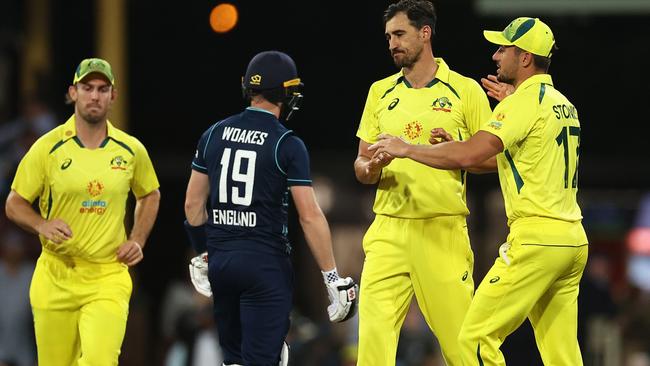 Mitchell Starc after dismissing Chris Woakes in game two of the ODI series between Australia and England. Picture: Cameron Spencer/Getty Images