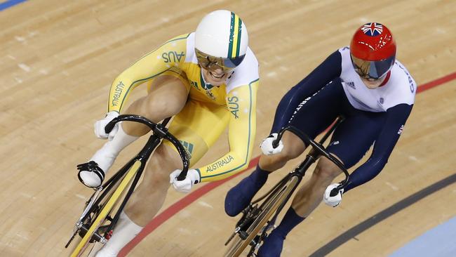 Anna Meares of Australia cycles ahead of Victoria Pendleton at the London Olympics.