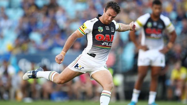 SYDNEY, AUSTRALIA — APRIL 08: James Maloney of the Panthers kicks for goal during the round five NRL match between the Parramatta Eels and the Penrith Panthers at ANZ Stadium on April 8, 2018 in Sydney, Australia. (Photo by Brendon Thorne/Getty Images)