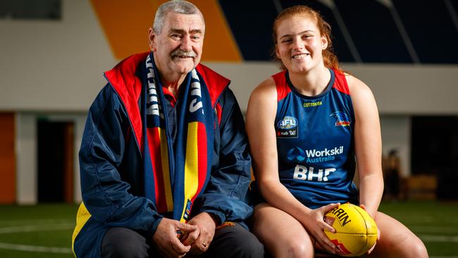 Peter Kauschke, the 2022 AFL Fans Association fan of the year with Crows AFLW player Amber Ward at West Lakes. Picture: File