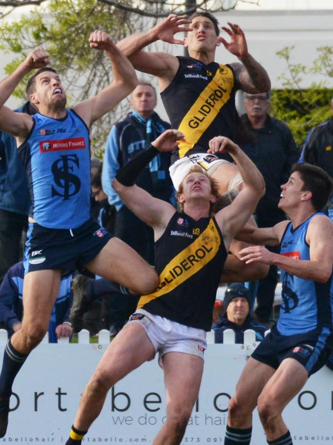 Jesse White flies for a screamer against Sturt. Picture: BRENTON EDWARDS/AAP