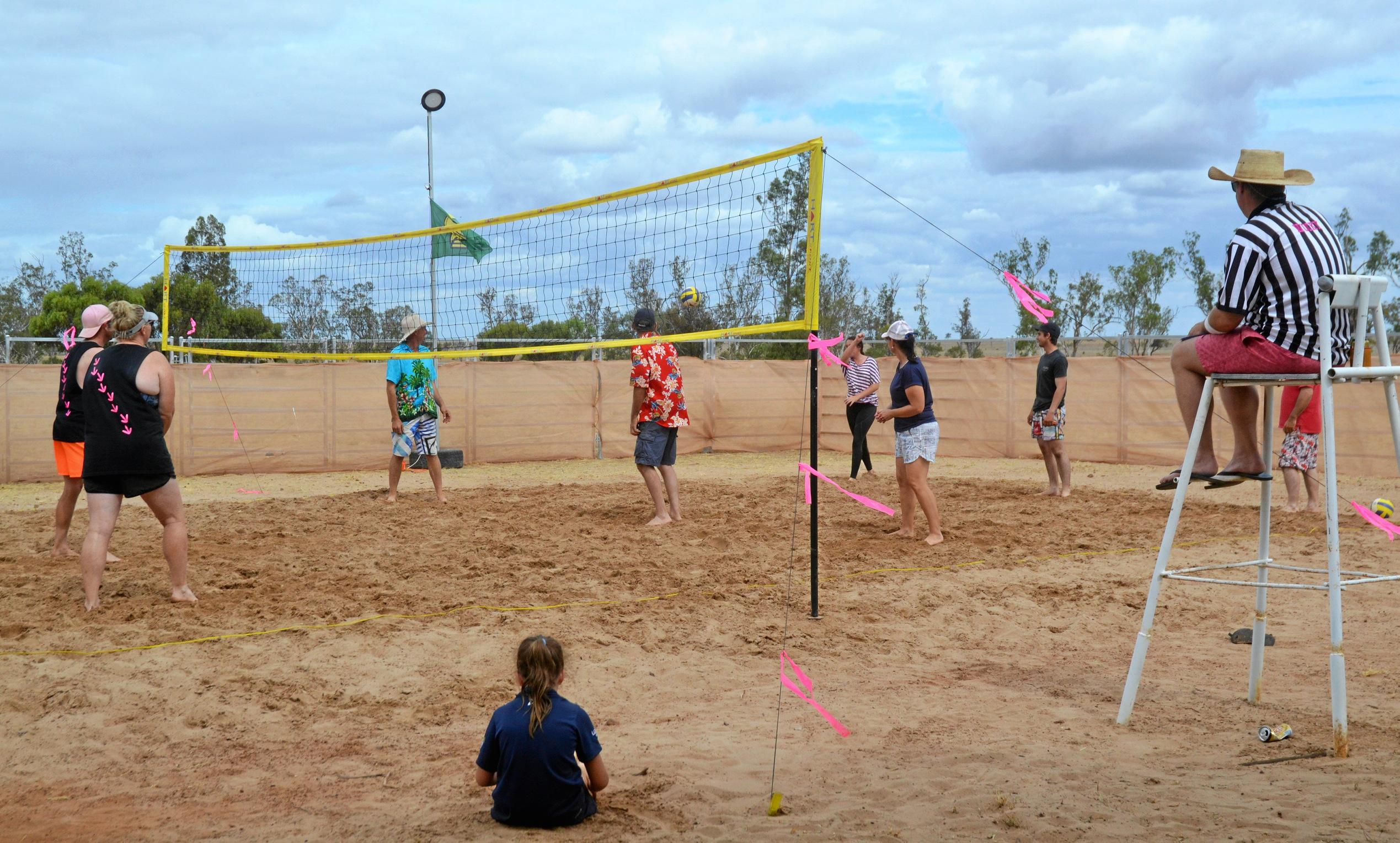 Teams were battling it out at the Dulacca Sports Club annual Bush Beach Volleyball tournament. Picture: Kate McCormack