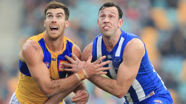 Scott Lycett of the Eagles and Todd Goldstein of the Kangaroos during the Round 19 AFL match at Blundstone Arena in Hobart. Picture: AAP Image/Rob Blakers