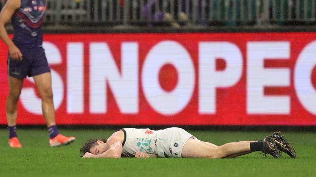 Darcy Byrne-Jones was concussed from the incident. (Photo by Janelle St Pierre/AFL Photos via Getty Images)
