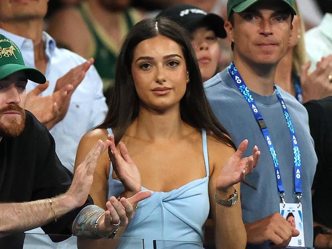 MELBOURNE, AUSTRALIA - JANUARY 13: Costeen Hatzi, girlfriend of Nick Kyrgios, Daniel Horsfall, manager of Nick Kyrgios and Elliot Loney are seen in the Men's Singles First Round match against Jacob Fearnley of Great Britain during day two of the 2025 Australian Open at Melbourne Park on January 13, 2025 in Melbourne, Australia. (Photo by Kelly Defina/Getty Images)