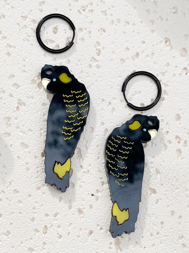 Yellow-tailed black cockatoo earrings, designed and made by Trinidad Roldan Rojas. Picture: Supplied