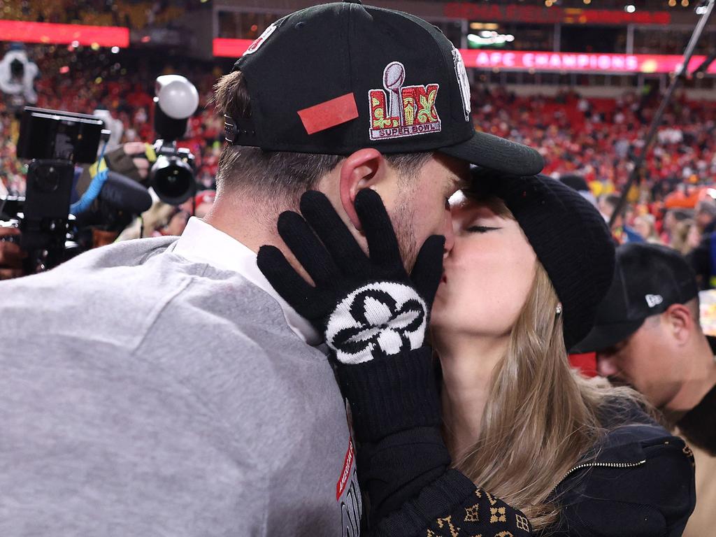 Singer Taylor Swift kisses boyfriend Travis Kelce following the game. Picture: Getty Images via AFP