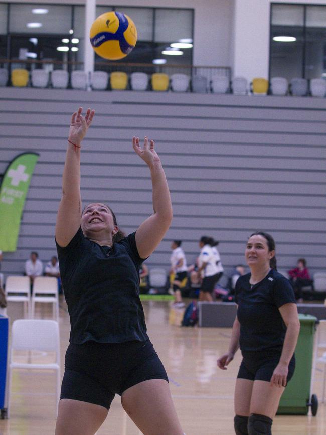Action as the Ballina Tridents V the Seniorits in the Pan Pacific Masters Games Volletball tournament. Picture: Glenn Campbell