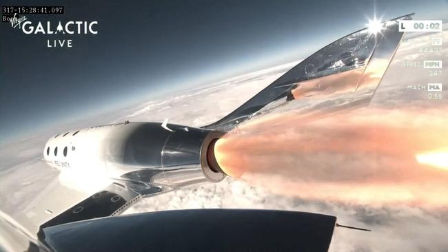 The carrier plane releases the rocket-powered VSS Unity. Picture: AFP