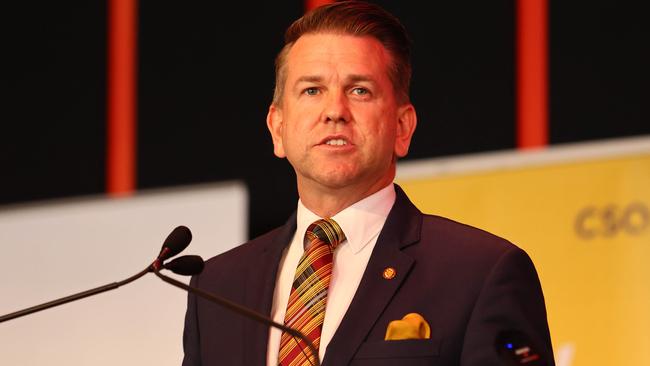 Deputy Premier and Minister for State Development, Infrastructure, Planning and Industrial Relations Jarrod Bleijie addresses the Queensland Major Contractors Association breakfast in Brisbane. Picture: Tertius Pickard/NCA NewsWire