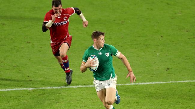 Garry Ringrose breaks away to score his team's fifth try. Pic: Getty Images