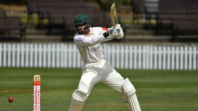 Randwick Petersham's Jason Sangha at the crease against Mosman at Petersham Oval. Sangha made NSW Cricket history belting 162 not out - the highest total by someone his age since 1893. Picture: AAP Image/Joel Carrett