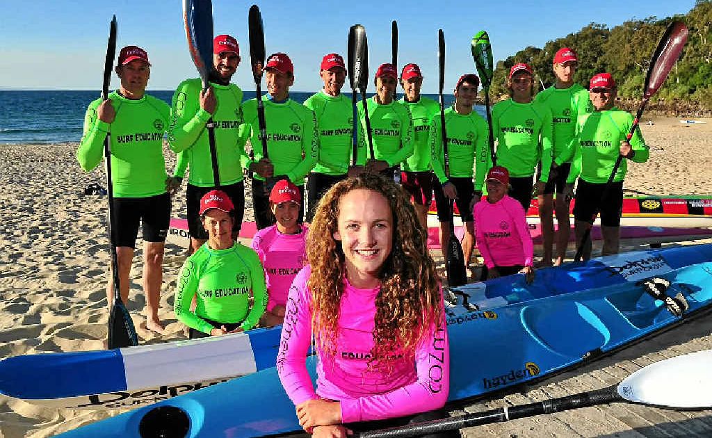 Jordan Mercer (front) returns as Noosa Heads SLSC ski paddlers prepare for the Melbourne Cup event on Friday. Picture: Geoff Potter
