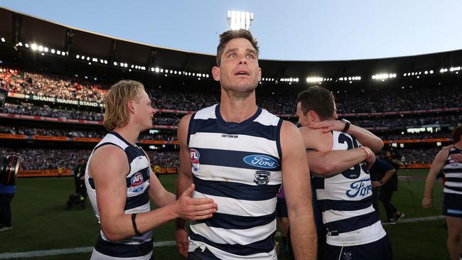 MELBOURNE, SEPTEMBER 24, 2022: 2022 AFL Grand Final between the Geelong Cats and Sydney Swans at the MCG. Tom Hawkins celebrates the win. Picture: Mark Stewart