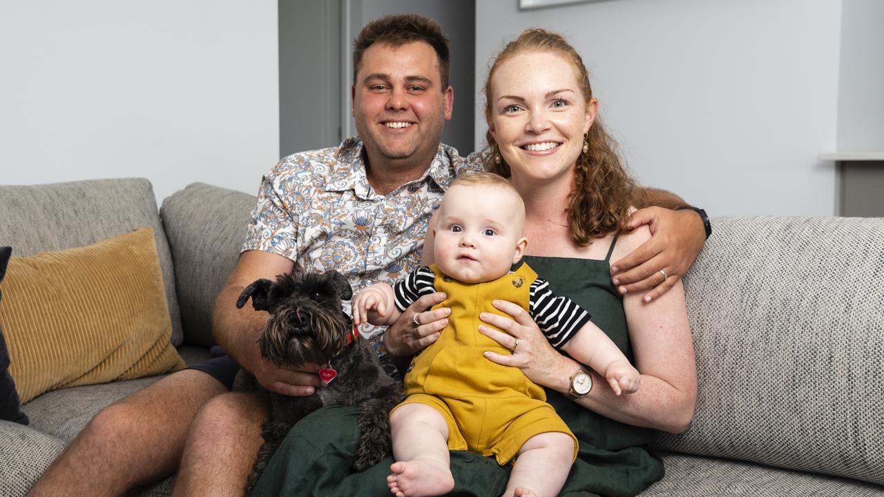 Dane and Laura Hermann with baby Darcy and their dog Ruby, Tuesday, December 14, 2021. Picture: Kevin Farmer