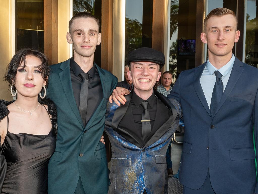 Charlotte McGregor, Jarrod Strange, Baden Day and Jonathan Graham at Mackay Christian College Graduation dinner, Thursday 16 November 2023 Picture:Michaela Harlow