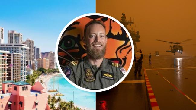 Lieutenant Mitchell Sanders (inset) was allegedly in Hawaii without permission as bushfires engulfed the south coast.