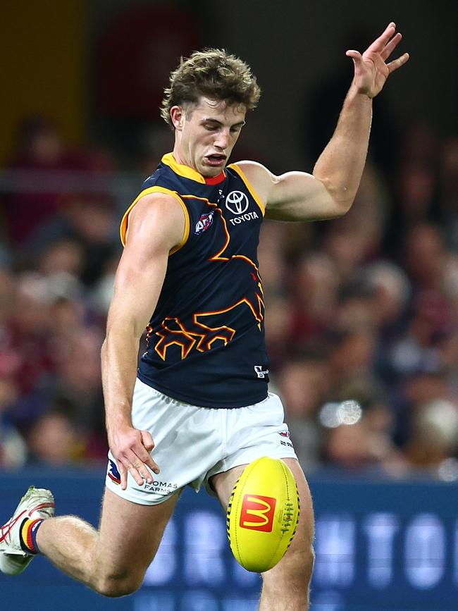 Billy Dowling kicks during the round 17 clash with the Lions. Picture: Chris Hyde/AFL Photos/via Getty Images