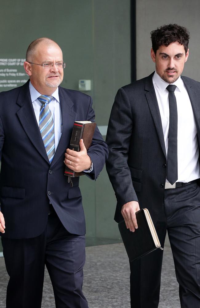 Michael Bosscher and Alex Jones outside court for the sentencing of Brett Cowan. Photographer: Liam Kidston.