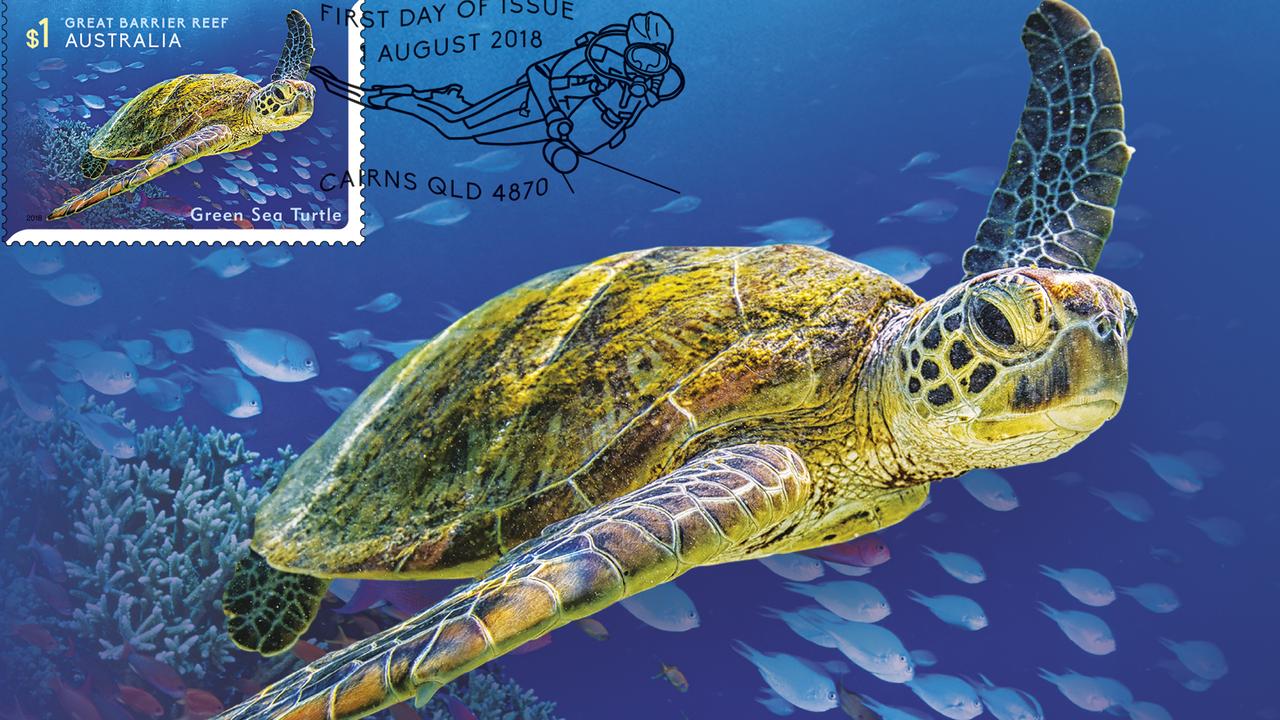 The Green Sea Turtle in Australia Post's new stamp series Reef Safari.