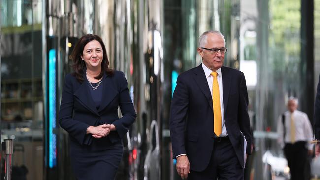 Premier Annastacia Palaszczuk leaves Waterfront Place with Prime Minister Turnbull after discussing the Cross River Rail funding and the impact of Cyclone Debbie in North Queensland. Picture: Claudia Baxter