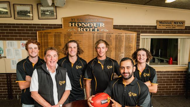 Jobe Somerville, coach Doug Vickers, Nate Somerville, Norm Betts, president Anthony 'Desio Jock Overend from East Gippsland league club Wy Yung. Picture: Laura Ferguson