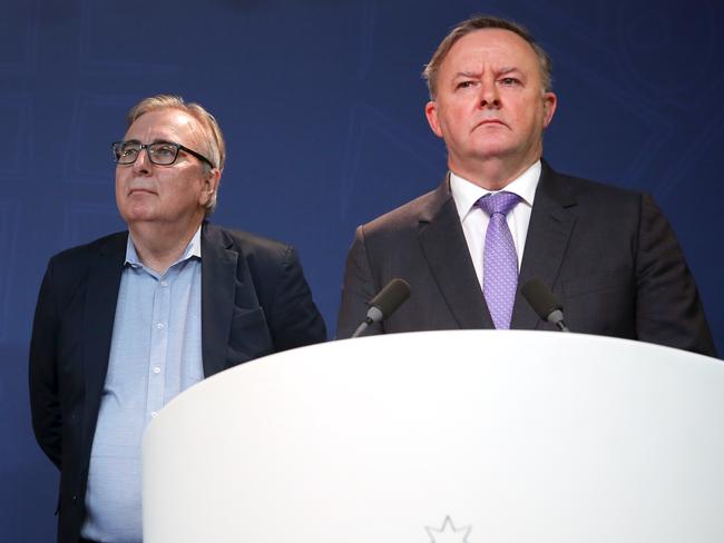 Michael Lavarch and Australian Labor Party leader Anthony Albanese speak at a press conference earlier this month to announce a review into the administration of the NSW Labor Party. Picture: Jane Dempster