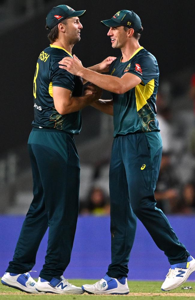 Mitch Marsh and Pat Cummins in New Balance cricket shoes. (Photo by Hannah Peters/Getty Images)