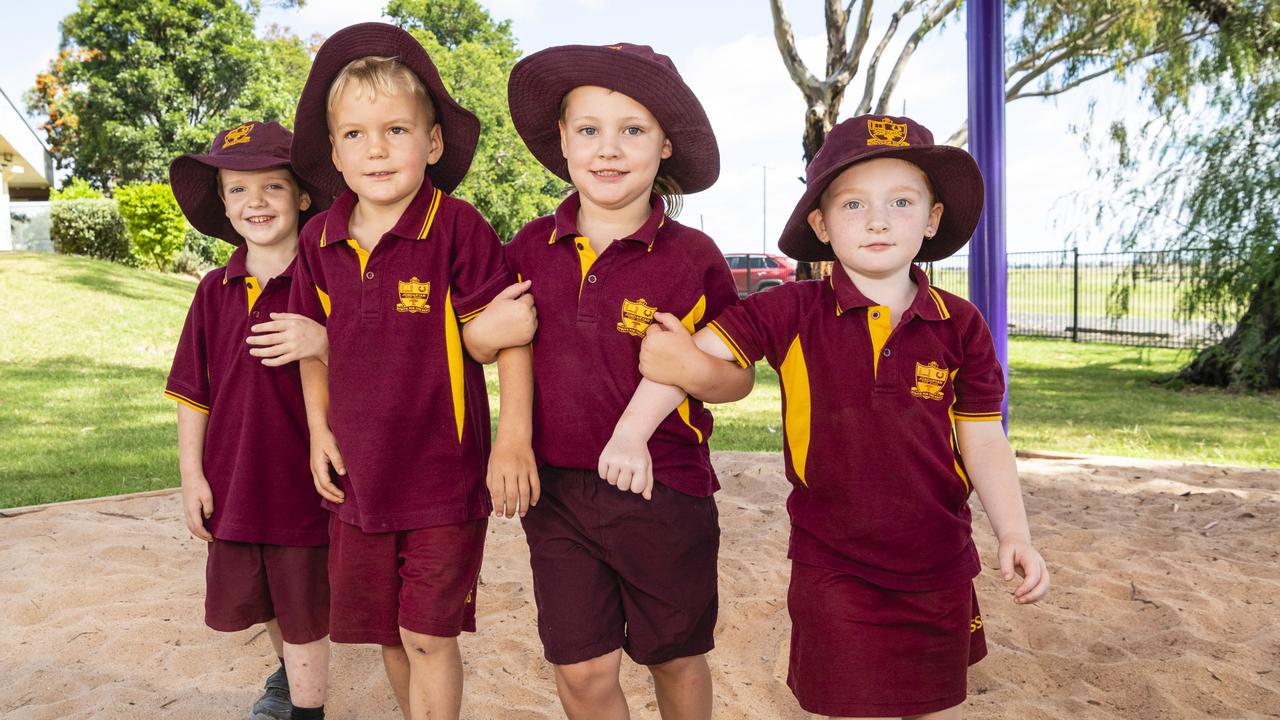 My First Year 2022: Jondaryan State School Prep students (from left) Quinton, Kory, Dusty and Piper, Friday, March 18, 2022. Picture: Kevin Farmer