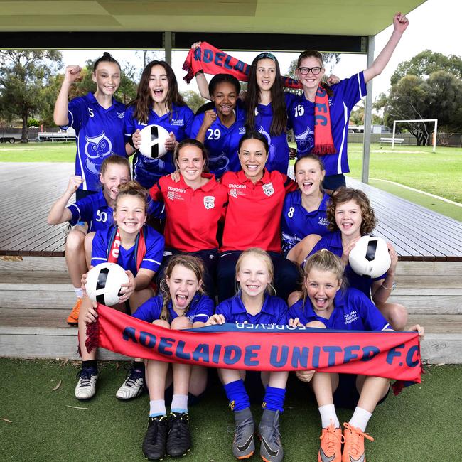 Adelaide United's Emily Condon &amp; captain Emma Checker at Fulham North Primary School with some Yr 6 &amp; 7 students ahead of the Women's A-League season opener this Sunday. Picture: Bianca De Marchi