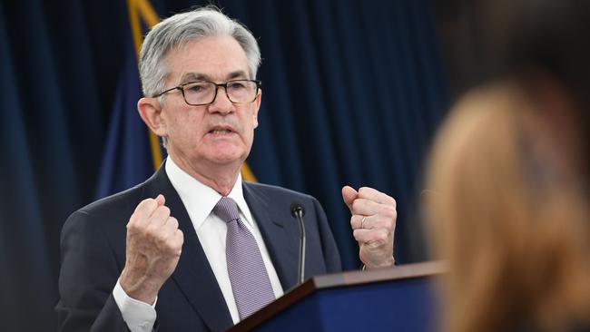 US Federal Reserve Bank Chairman Jerome Powell talks to journalists after the central bank left rates on hold. Picture: AFP