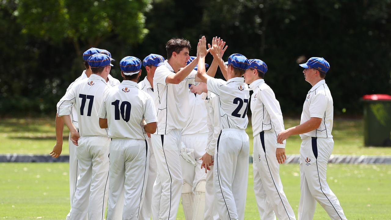 Action from the game between Brisbane Boys College and Toowoomba Grammar. TGS's Jem Ryan celebrates with his team after getting a wicket. Picture: Tertius Pickard