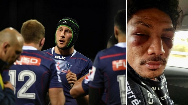 Rebels captain Adam Coleman (L) addresses his troop. Lopeti Timani (R) was allegedly assaulted by teammate Amanaki Mafi.