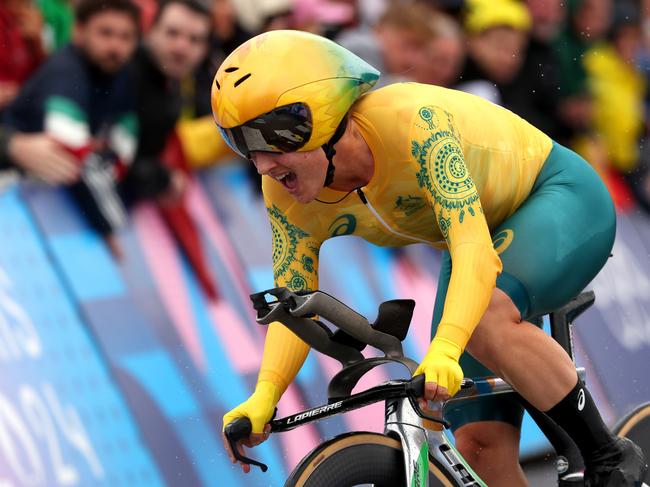 PARIS, FRANCE – JULY 27: Grace Brown of Team Australia competes during the Women's Individual Time Trial on day one of the Olympic Games Paris 2024 at Pont Alexandre III on July 27, 2024 in Paris, France. (Photo by Tim de Waele/Getty Images)