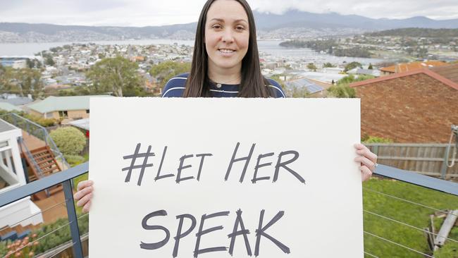 Journalist Nina Funnell behind the #Letherspeak campaign in Hobart. Picture: PATRICK GEE