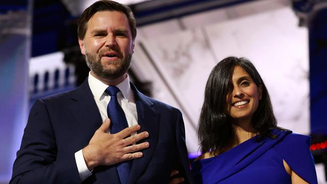 Republican vice presidential candidate J.D. Vance is joined by his wife Usha Chilukuri Vance on stage at the Republican National Convention. Picture: AFP