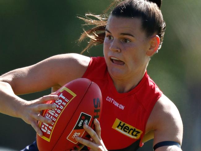 MELBOURNE, AUSTRALIA - JANUARY 25: Lily Mithen of the Demons in action during the Collingwood Magpies v Melbourne Demons AFLW practice match at Olympic Park Oval on January 25, 2020 in Melbourne, Australia. (Photo by Michael Willson/AFL Photos via Getty Images)