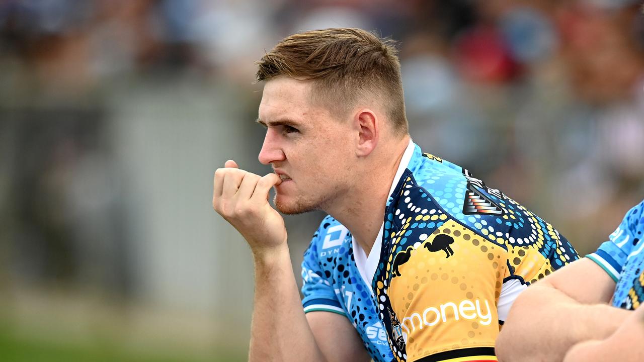 COFFS HARBOUR, AUSTRALIA - MAY 30: AJ Brimson of the Titans is seen watching on from the sidelines after being injured during the round 12 NRL match between the Cronulla Sharks and the Gold Coast Titans at C.ex Coffs International Stadium, on May 30, 2021, in Coffs Harbour, Australia. (Photo by Bradley Kanaris/Getty Images)