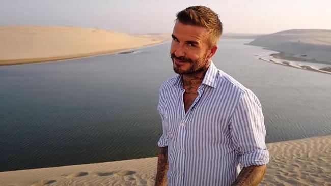 A still from David Beckham's Qatar Stopover, a promotional video being shown to fans flying out to the World Cup. Picture: YouTube