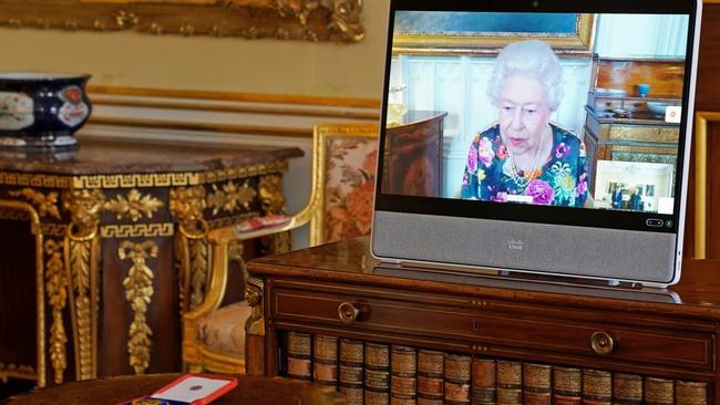 The monarch appeared in high spirits as she addressed the virtual event. Picture: Kirsty O'Connor – Pool/Getty Images.