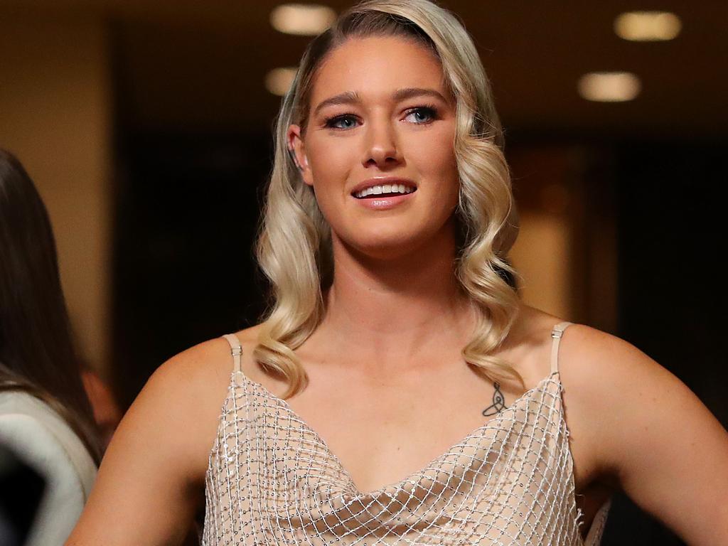 Tayla Harris of the Blues is interviewed during the 2021 AFLW W Awards.