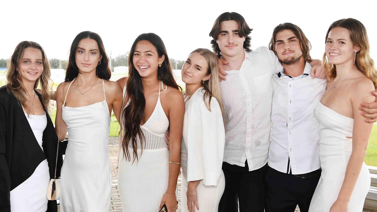 Samantha Holt, Chelsea Kokavec, Olivia Gartrell, Nicola Hewitt, Dan Michaels, Chris Carde and Zoe Clewett at the Noosa Cup Race Day. Picture: Patrick Woods.