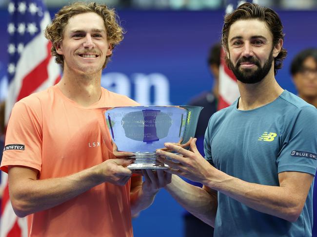 Aussies Jordan Thompson (R) and Max Purcell (L) celebrate their 2024 US Open men’s doubles title win. Picture: Al Bello/Getty Images