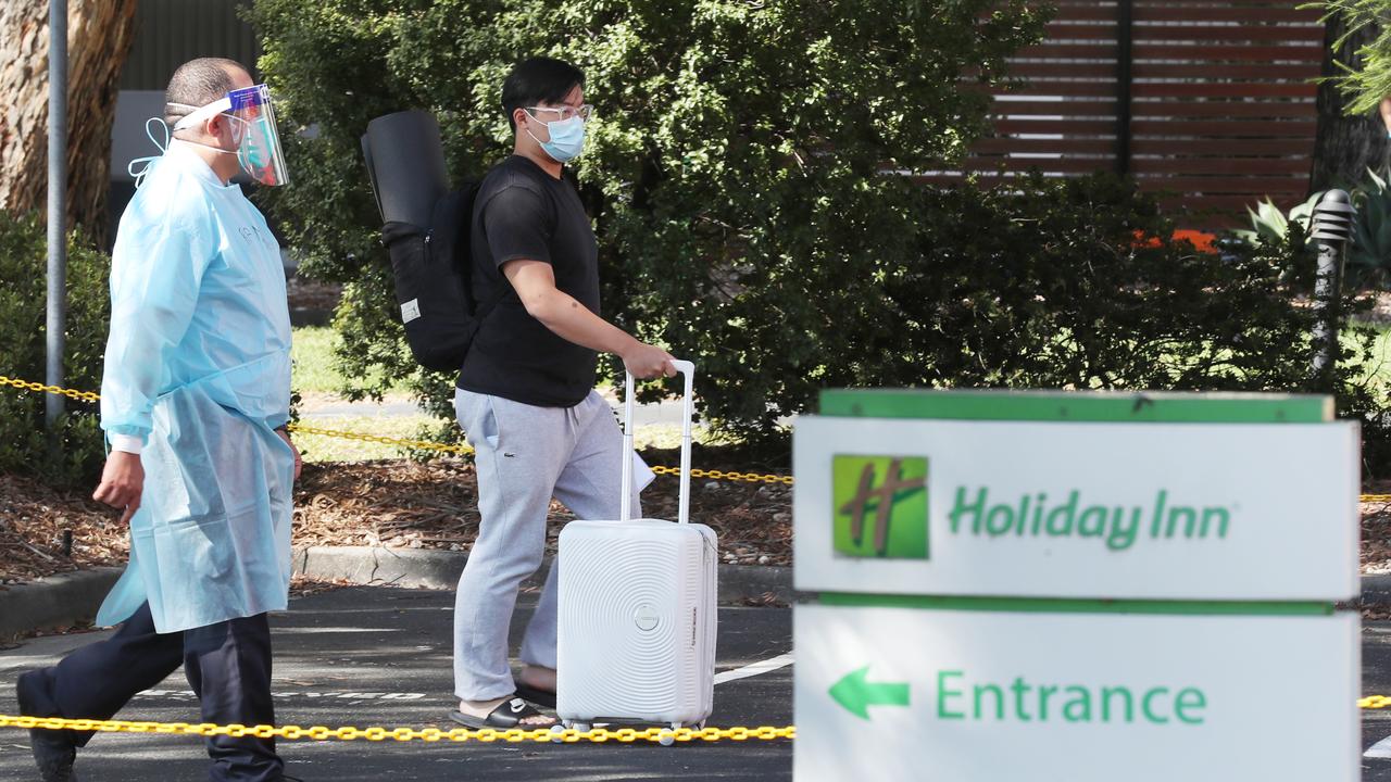 A quarantine resident at the Melbourne Airport Holiday Inn being evacuated on Wednesday. Picture: NCA NewsWire/ David Crosling