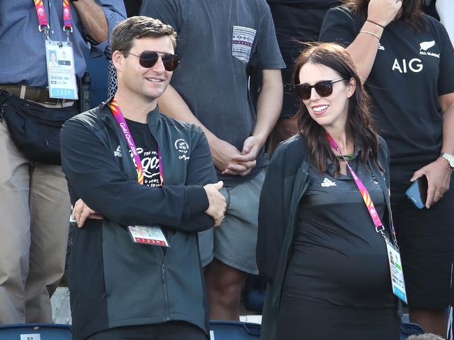 GOLD COAST, AUSTRALIA - APRIL 14:  New Zealand Prime Mnister Jacinda Ardern and her partner Clarke Gayford talk in the crowd during the  Women's Gold Medal match between Australia and New Zealand during the Hockey on day 10 of the Gold Coast 2018 Commonwealth Games at Gold Coast Hockey Centre on April 14, 2018 on the Gold Coast, Australia.  (Photo by Scott Barbour/Getty Images)