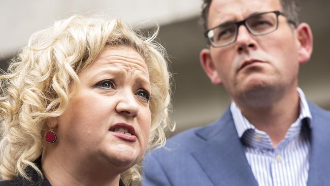 Attorney-General Jill Hennessy with Victorian Premier Daniel Andrews during a press conference announcing a Royal Commission in 2018. Picture; AAP.