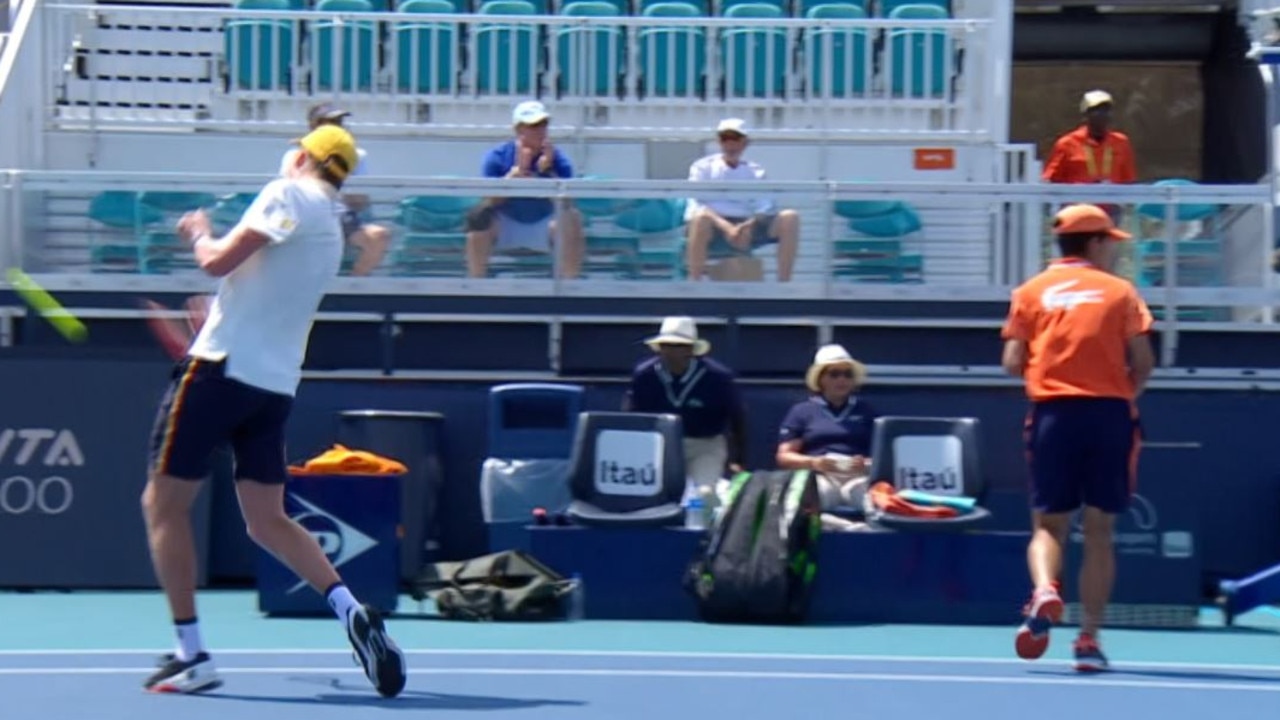 Tennis meltdown: Jensen Brooksby hits a ball out of the stadium, then chucks his racket away. Is this a double code violation?